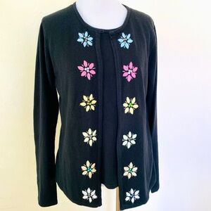 Sag Harbor Vintage Cardigan Set Flower Embroidered Black knit Medium